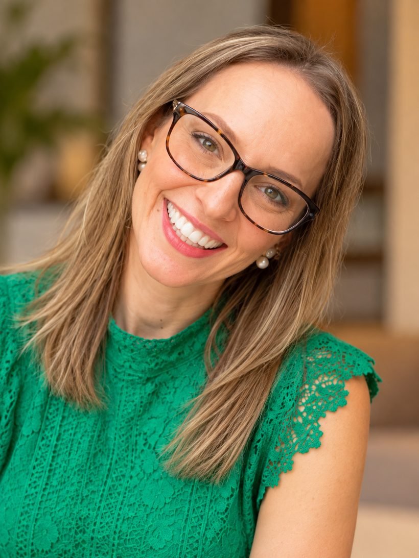 Carolina Padoan, psicóloga, sorrindo, de óculos e blusa verde